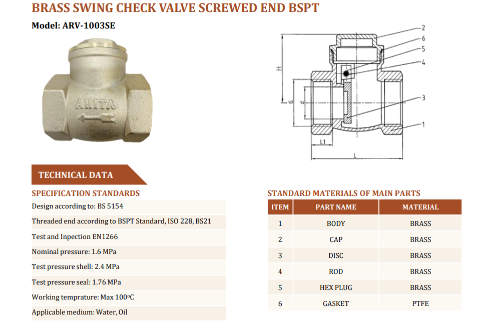 Van 1 chiều đồng lá lật ARITA ARV-1003SE