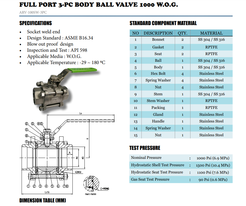 Van bi nối hàn Socket Weld 3 mảnh ARITA ARV-100SW-3PC