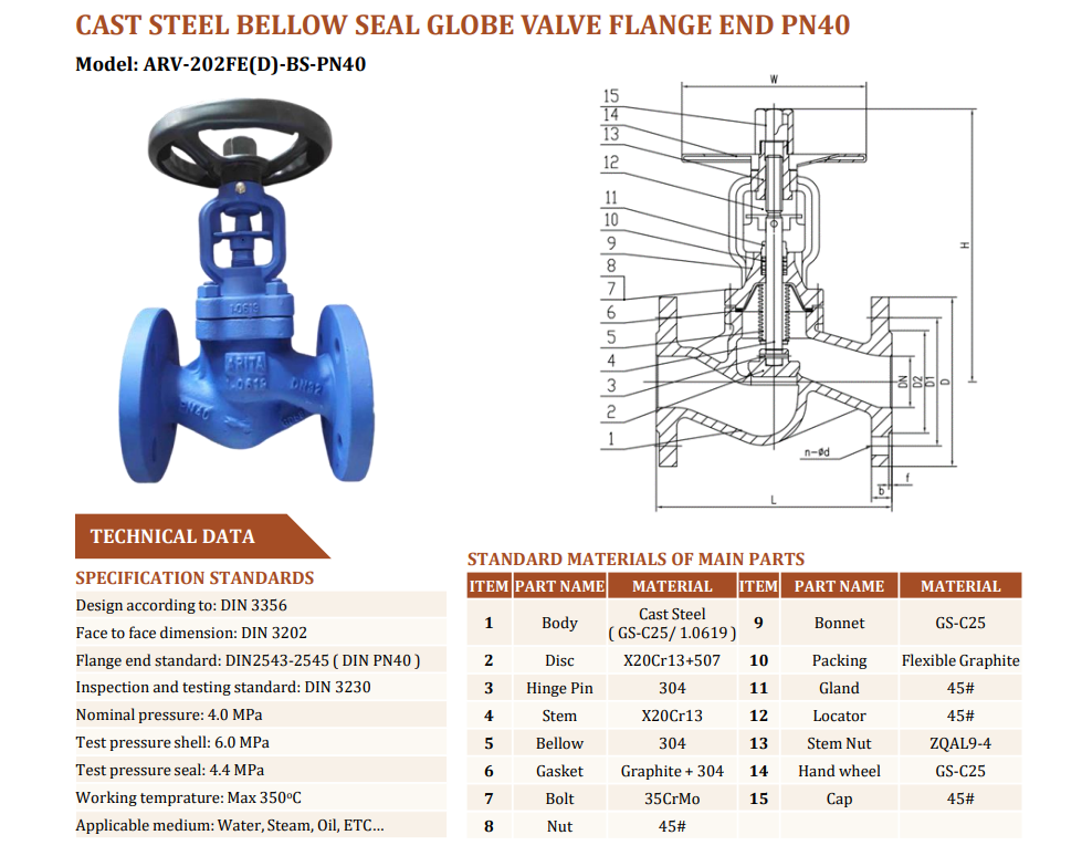 Van cầu thép chữ ngã Bellow Seal Arita ARV-202FE(D)-BS (PN40)