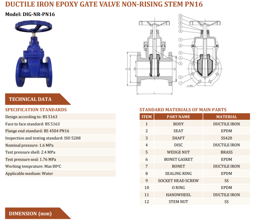 Van cổng ty chìm gang Arita DIG-NR-PN16